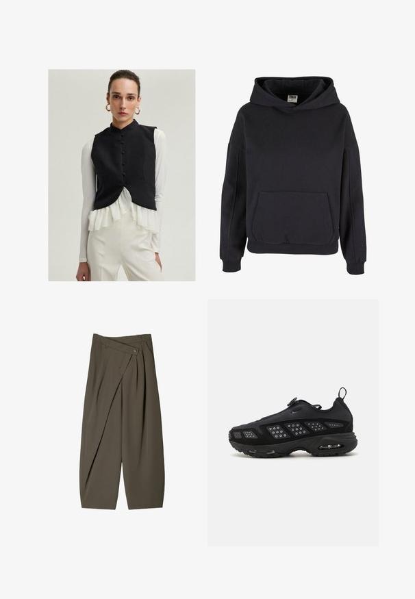 Black sleeveless vest with high collar and front buttons, layered over a white ruffled blouse and paired with cream-colored trousers.; Black cotton hoodie with a spacious kangaroo pocket, large hood, ribbed cuffs, and hem. Simple, pullover design with no visible patterns.; Wide-fit trousers in dark olive green fabric, featuring a pleated front design, a button closure, and a polished, textured surface.; Black athletic shoe featuring a cushioned sole, mesh upper, and textured accents. Includes a pull tab and circular fastener on top.