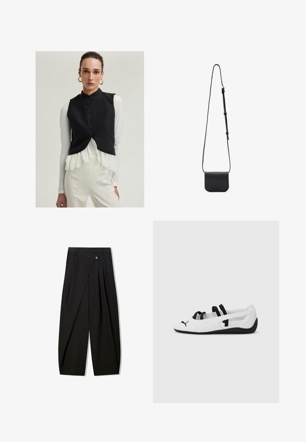 Černá bezrukávová vesta s vysokým límcem a předními knoflíky, vrstvená přes bílou blůzu se volány a doplněná krémovými kalhotami.; Krátký rukáv bílého trička vyrobeného z měkké bavlny. Design s kulatým výstřihem a uvolněným střihem. Žádné viditelné vzory ani grafika.; Černé kalhoty s širokými nohavicemi vyrobené z hladké tkaniny, s předními sklady, zapínáním na knoflík a přizpůsobeným střihem pro strukturovanou siluetu.; Bílé sportovní boty s černými akcenty, zaoblenou špičkou, elastickými pásky a texturovanou gumovou podrážkou. Logo Puma na přední straně.; Černá kožená taška přes rameno s obdélníkovým tvarem, nastavitelným popruhem, hladkým povrchem, minimalistickým designem a subtelným embosovaným logem značky.