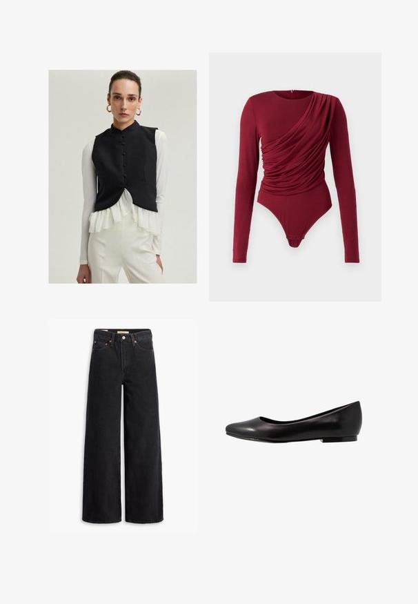 Juodas be rankovių liemenė su aukštu apykakle ir priekiniais mygtukais, dėvima virš baltos pakulnės bluzės ir derinama su kreminės spalvos kelnių.; Ilgų rankovių bodis tamsiai raudonos spalvos, su drapiruota medžiaga, apvalia iškirpte ir spaudžiamos uždarymo apačioje, pagamintas iš minkštos elastingos medžiagos.; Juodos plačios kojų džinsai, pagaminti iš džinsinio audinio, su penkiomis kišenėmis, varinėmis iškrovomis ir klasikiniu mygtuko uždarymu. Lygi tekstūra su švariu dizainu.; Juoda baleto bateliai, pagaminti iš blizgaus odos su apvaliu pirštu ir žemu, plokščiu padu. Turi lygią tekstūrą ir paprastą, elegantišką dizainą.