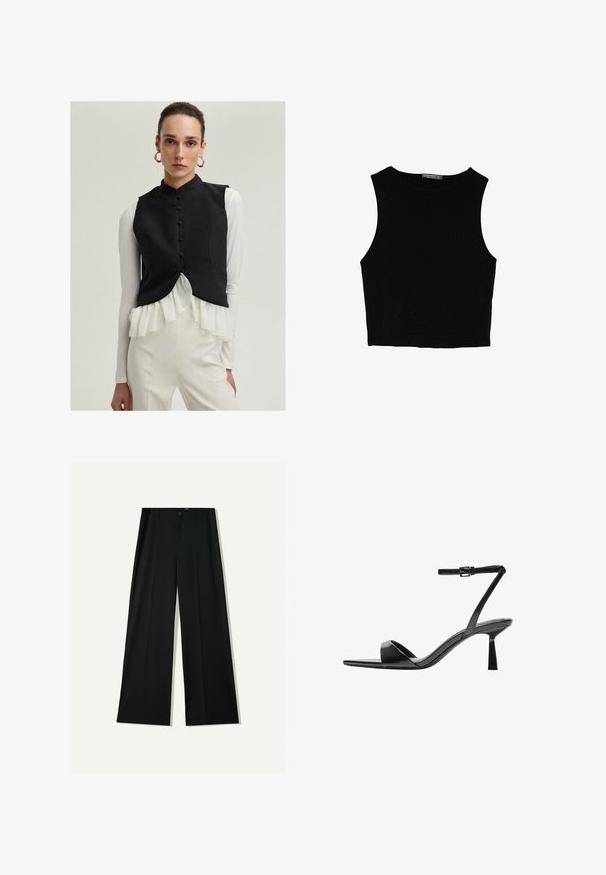 Čierny bezrukávový vest s vysokým golierom a prednými gombíkmi, vrstvený cez bielu blúzku s volánikmi a spárovaný so smotanovými nohavicami.; Čierny bezrukávový crop top vyrobený z hladkej tkaniny, so zaobleným výstrihom a čistým, jednoduchým dizajnom bez vzorov alebo kovania.; Bershka WIDE - Nohavice - black; Bershka Sandále na vysokom opätku - black