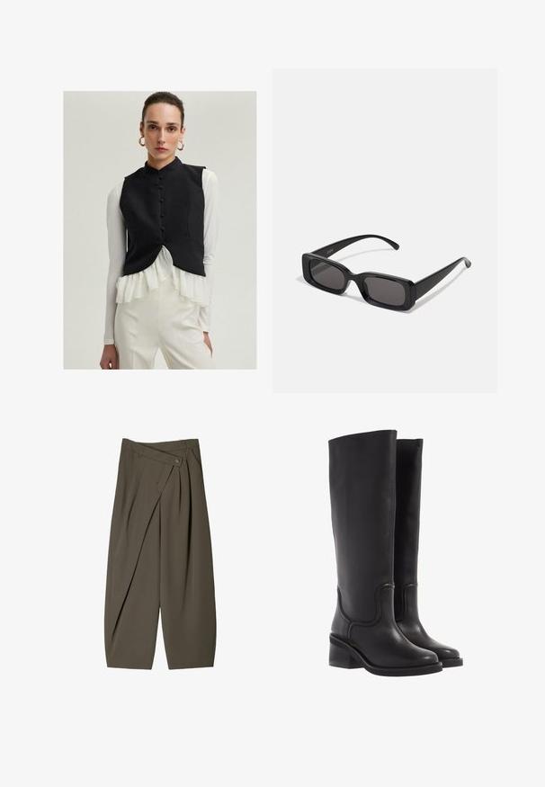 Musta hihaton liivi, jossa on korkea kaulus ja etnappulat, kerroksittain valkoisen röyhelöpaidat yli ja yhdistettynä vaalean kermanvärisiin housuihin.; Valkoinen lyhythihainen T-paita, joka on tehty puuvillasta. Siinä on pyöreä kaula-aukko ja rento malli. Silkkinen pinta ilman näkyviä kuvioita tai koristeita.; Housut, joissa on leveä malli tummanoliivinvihreässä kankaassa, pleat-edessä, napin sulkeminen ja kiiltävä, tekstuuri pinta.; Mustat nahkaiset polvipituiset saappaat, joissa on sileä pinta, pyöreä kärki ja leveä korko. Niissä on hienovaraisia ompeleita ja virtaviivainen muotoilu.; Mustat suorakaiteen muotoiset aurinkolasit, joissa tummat linssit, kiiltävä pinta, leveät sangan varret ja massiivinen kehysmuotoilu. Yhden sangansivun kaiverrettu brändinimi.