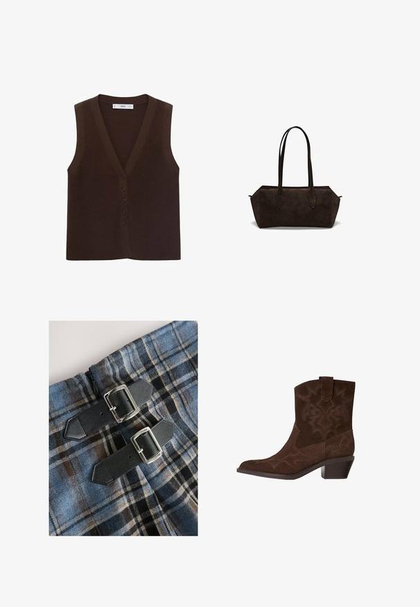 Brauner gestrickter Vest mit V-Ausschnitt, ausgestattet mit einer durchgehenden Knopfleiste und einem gerippten Material. Ohne Ärmel, minimalistisches Design.; Weißes Hemd mit klassischem Kragen, langen Ärmeln und lockerer Passform. Weicher Stoff mit glatter Textur, ohne Muster oder Akzente.; Blaues und braunes kariertes Gewebe mit weicher Textur, ausgestattet mit zwei schwarzen Lederriemen mit silbernen Schnallen zum Verschließen. Reißverschlüsse sichtbar.; Braune Wildleder-Cowboy-Stiefel mit spitzem Zeh, dekorativen Stickmustern, Knöchelhöhe und gestapeltem Absatz. Mit einer Zuglasche für einfaches An- und Ausziehen.; Dunkelbraune Wildleder-Handtasche mit verlängerten Griffen, einer strukturierten rechteckigen Form und einer glatten Textur. Verfügt über schräge Seitennaht und keine sichtbaren Beschläge.; Perlenohrringe mit polierter Oberfläche, ausgestattet mit einem silberfarbenen Karabiner und runden, weißen Perlen. Einfaches, klassisches Design.