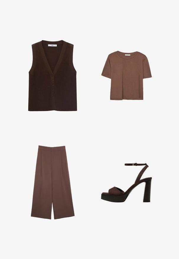 Brauner gestrickter Vest mit V-Ausschnitt, ausgestattet mit einer durchgehenden Knopfleiste und einem gerippten Material. Ohne Ärmel, minimalistisches Design.; Braunes, kurzärmliges T-Shirt aus weichem Material mit rundem Halsausschnitt und lockerer Passform. Keine sichtbaren Muster oder Akzente.; Braune Weite-Leg-Hosen mit einer glatten Textur, hoher Taille und Vorderfalten. Der Stoff ist leicht und fällt locker.; Braune Wildleder-Pumps mit offenem Zeh, verstellbarem Knöchelriemen und gestreiftem Plateausohlen.