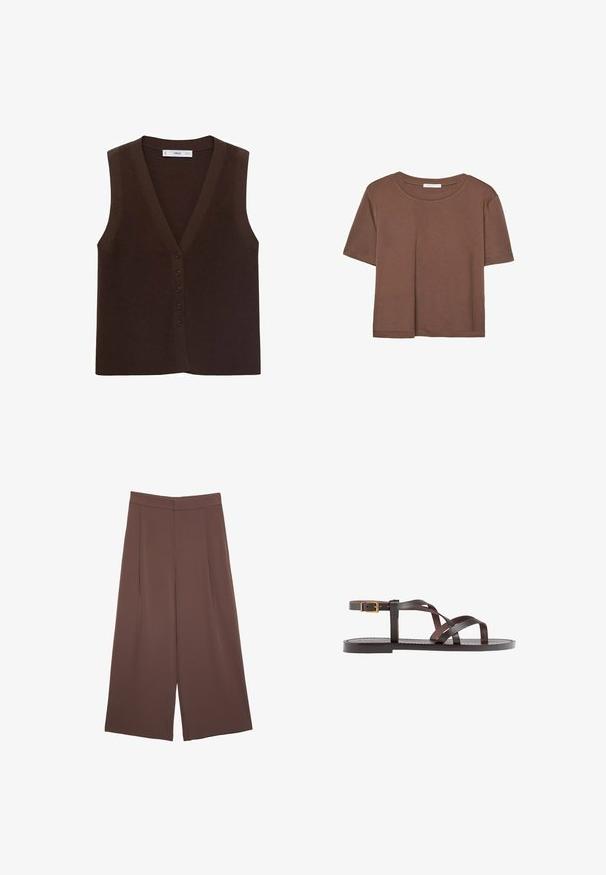 Brown knitted vest with a V-neck, featuring a buttoned front and a ribbed texture. No sleeves, minimalistic design.; Brown short-sleeve t-shirt made of soft fabric, with a round neckline and relaxed fit. No visible patterns or accents.; Brown wide-leg trousers with a smooth texture, featuring a high waist and front pleats. The fabric is lightweight and flows loosely.; Brown leather sandal featuring crisscross straps, an ankle buckle closure, and a flat sole with minimal stitching details.