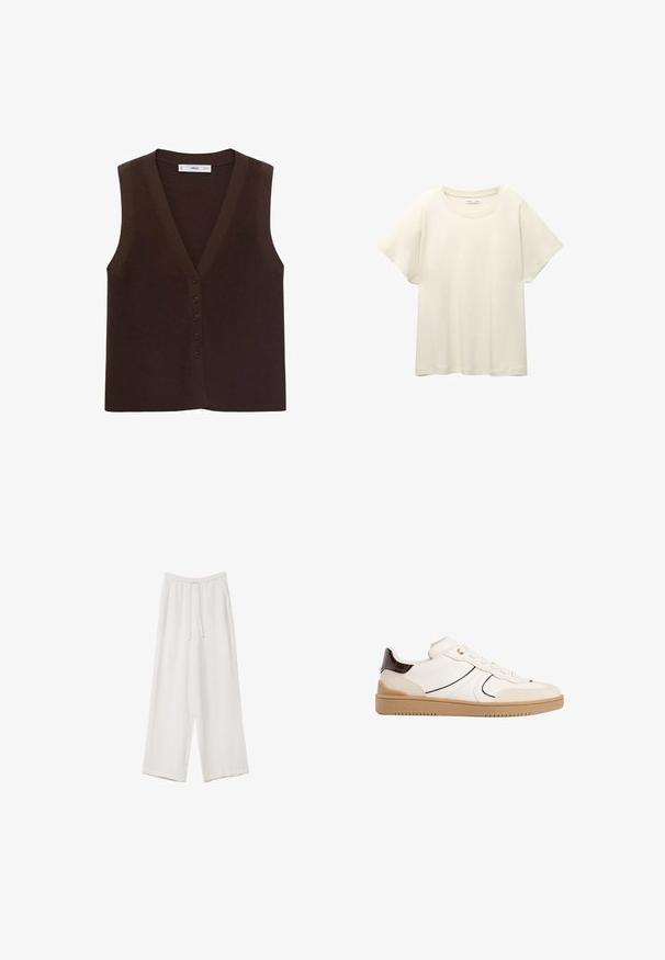 Hnedý pletený vest s výstrihom do V, s gombíkovou prednou časťou a rebrovanou textúrou. Bez rukávov, minimalistický dizajn.; Svetlo béžové tričko s krátkym rukávom a okrúhlym výstrihom, vyrobené z jemnej, hladkej tkaniny. Má voľný strih a rovný lem.; Biele široké nohavice vyrobené z ľahkej tkaniny. Obsahujú elastický pás so sťahovacou šnúrkou a bočné vrecká. Hladká textúra.; Stradivarius Tenisky - white
