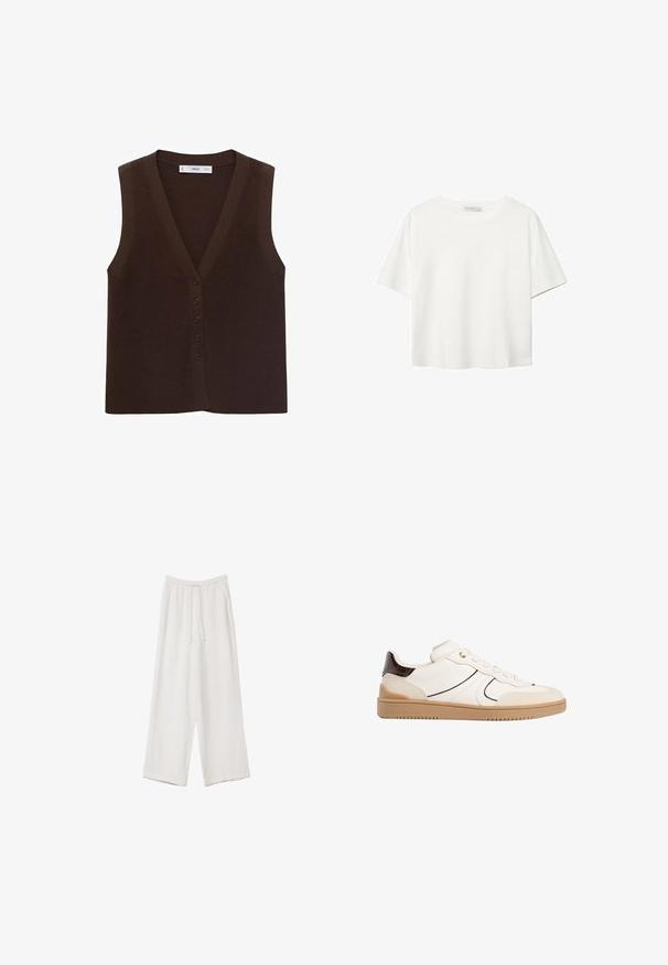 Hnědá pletená vesta s výstřihem do V, s knoflíkovou přední částí a žebrovanou strukturou. Bez rukávů, minimalistický design.; Bílý krátký rukáv tričko vyrobené z bavlny. Má kulatý výstřih a volný střih. Hladký materiál bez viditelných vzorů nebo akcentů.; Bílé široké kalhoty vyrobené z lehké tkaniny. Mají elastický pas se šňůrkou a boční kapsy. Hladká textura.; Stradivarius Tenisky - white
