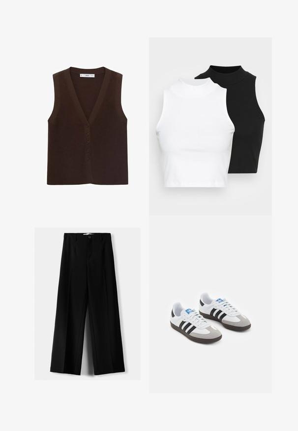 Rjav pleten brezrokavnik z izrezom v obliki črke V, ki ima spredaj gumbnico in ribasto teksturo. Minimalističen dizajn.; Dva brezrokavniki z rebrasto turtleneck gorami v črni in beli barvi, z oblikovanim dizajnom in gladko teksturo, v skrajšani dolžini.; Črne široke hlače iz lahkega materiala, z zapiranjem na gumb spredaj in ravnim sprednjim delom, s skrbno zašiti robovi.; Športni čevlji z belim usnjenim zgornjim delom, sivim semišem na prstih in tremi črnimi črtami. Imajo modro logo na jeziku in teksturiran gumijast podplat.