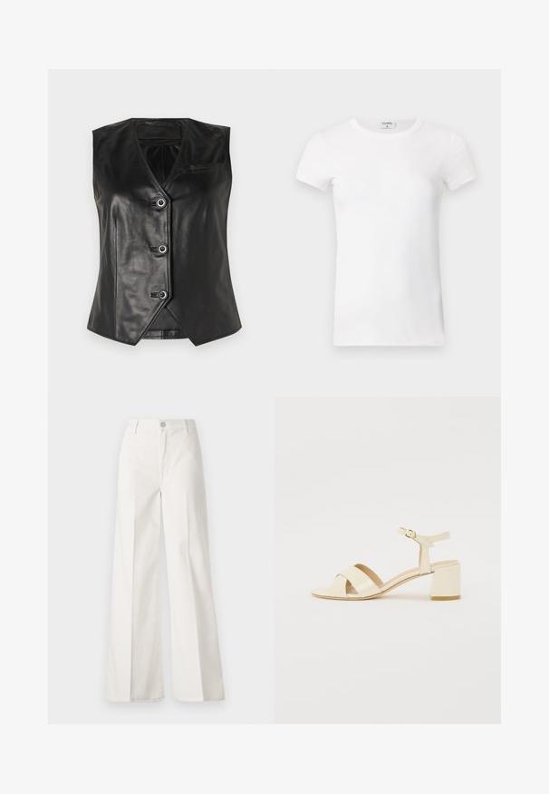 Black leather vest with a V-neckline, five buttons, and a single chest pocket. Features a smooth texture and tailored fit.; White ribbed short-sleeve T-shirt with a crew neck. The fabric appears smooth with a fitted silhouette. Branding label visible at the collar.; White wide-leg trousers made from cotton with a smooth texture. Features a front button, zipper fly, and four-pocket design.; Beige patent leather heeled sandals with cross strap design, open toe, adjustable ankle strap, and a block heel. Smooth texture.