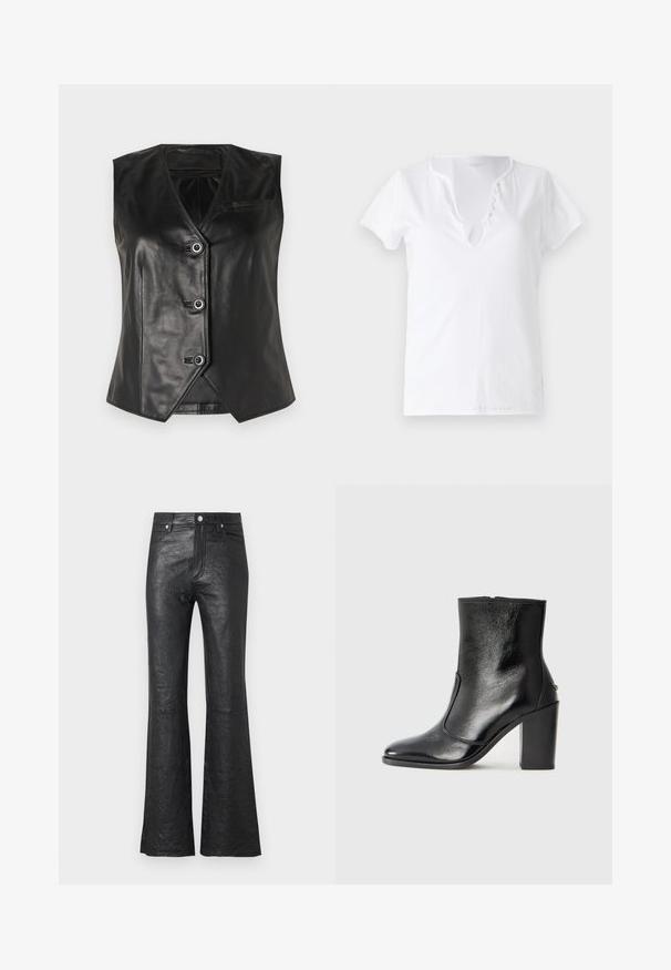 Musta nahkaliivi V-pääntiellä, viisi nappia ja yksi rintatasku. Ominaisuuksiin kuuluu sileä pinta ja istuva malli.; Valkoinen puuvillapaita lyhyillä hihoilla, rento malli ja V-pääntie, jossa on viisi koristeellista nappia.; Mustat nahkaiset leveälahkeiset housut, joissa on ryppyinen pinta, korkea vyötärö, etutaskut sekä klassinen nappisulku ja vetoketju.; Mustat nahka ankle bootit, joissa on sileä pinta, terävä kärki ja paksu korkea korko. Sivusaumassa on avaus ja muuten yksinkertainen muotoilu.