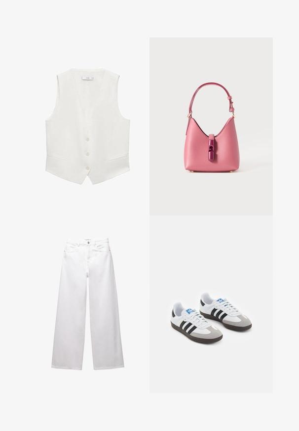 Gilet bianco senza maniche con scollatura a V, dotato di quattro bottoni e due tasche frontali. Tessuto liscio e vestibilità aderente.; Felpa blu realizzata in morbido misto cotone, con collo rotondo, maniche lunghe, polsini a coste e un piccolo logo ricamato sul petto.; Jeans bianchi a gamba larga realizzati in denim. Presentano chiusura con bottone, tasche anteriori e posteriori, e cuciture rinforzate. Tessuto liscio con dettagli minimi.; Scarpe sportive con tomaia in pelle bianca, punta in suede grigia e tre strisce nere. Presentano un logo blu sulla linguetta e una suola in gomma testurizzata.; Borsa in pelle rosa con una forma strutturata, caratterizzata da una chiusura lucida e una sola tracolla regolabile. Finitura texturizzata con hardware dorato.