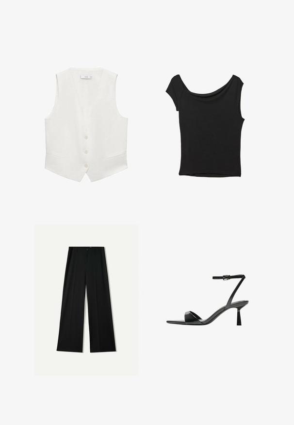 Weißes ärmelloses Oberteil mit V-Ausschnitt, ausgestattet mit vier Knöpfen und zwei Fronttaschen. Glatte Textur und taillierte Passform.; Schwarzes Kurzarmoberteil aus glattem Stoff; hat einen drapierten Ausschnitt und einen asymmetrischen Saum, mit einem figurbetonten Körper.; Bershka WIDE - Stoffhose - black; Bershka High Heel Sandalette - black