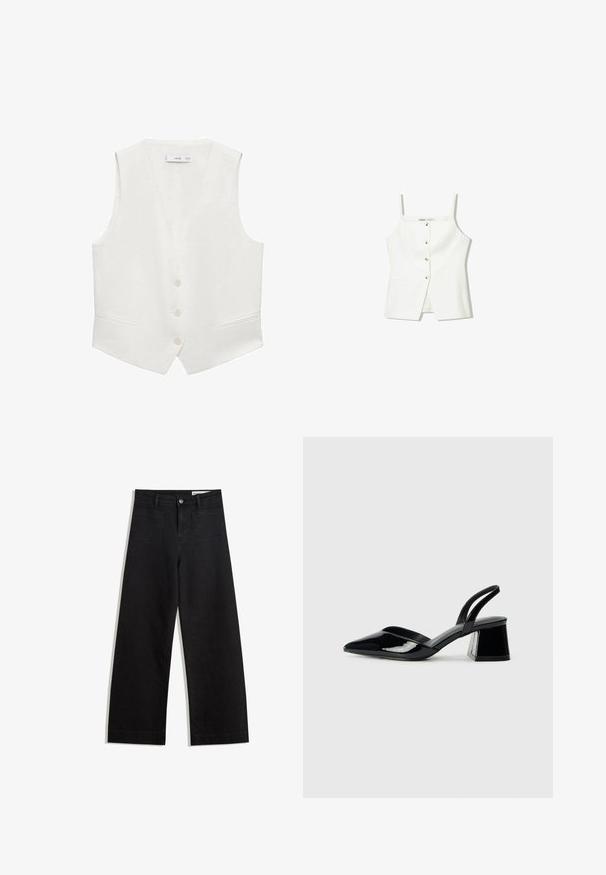 White sleeveless vest with a v-neckline, featuring four buttons and two front pockets. Smooth texture and tailored fit.; White sleeveless top featuring a button front, side pockets, and a fitted design with a slightly flared hem. Smooth texture, minimal detailing.; Black wide-leg denim pants with a high waist, featuring front and back pockets, stitched seams, and a button closure. Smooth texture.; Black patent leather slingback heels with a pointed toe and a geometric block heel. Features a sleek, minimal design and smooth texture.