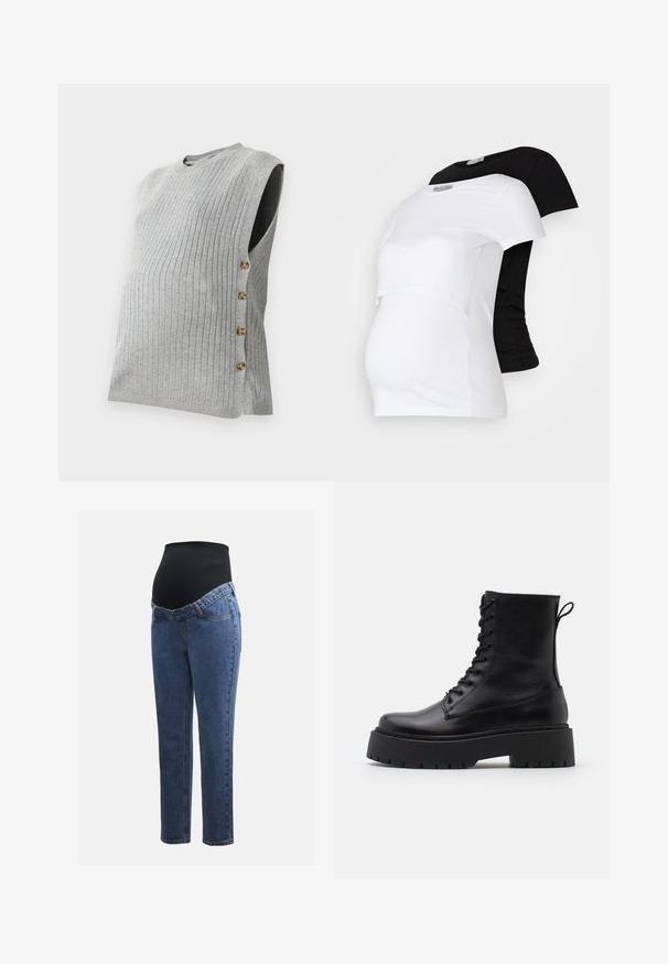 Siva rebrasta majica za trudnice s okruglim izrezom i bočnim zatvaranjem na gumb, koja ima četiri gumba zlatnog tona duž lijevog šava.; Crno-bijeli majice za trudnice, kratki rukavi, mekani pamučni materijal, s višeslojnim dizajnom koji ima naborani dio za rastući trbuh.; Trudnice traperice s plavim traper nogavicama i crnim rastezljivim trbuh panelom dizajnirane za podršku i prekrivanje rastoće trbuščića.; Crne kožne gležnjače s okruglim vrhom, vezanjem sprijeda i debelim gumenim potplatom s teksturiranim uzorkom. Tipa: traka za vuču na stražnjoj strani.