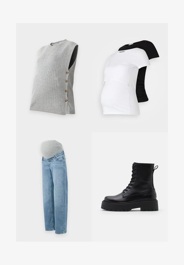 Grå randig graviditetstop med rund hals och sidoknäppning, prydd med fyra knappar i guldton längs den vänstra sömmen.; Svartvita graviditets-T-shirts, kortärmade, i mjukt bomullsmaterial, med en lagerdesign och en rynkad del för en växande mage.; Gravidjeans med en ljusblå tvätt, avslappnad passform och grå elastisk mageband för komfort och flexibilitet under graviditeten.; Svarta läderankelboots med rund tå, snörning framtill och en tjock gummisula med strukturerat mönster. Dragflik bak.