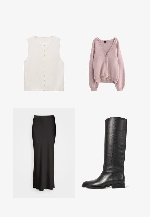 Sleeveless, cream-colored top with a round neckline and a front button closure featuring small, white buttons. Smooth fabric texture.; Light pink knitted cardigan with a V-neck, four buttons down the front, and ribbed hem and cuffs. Soft texture with a relaxed fit.; Black ribbed tank top featuring a round neckline and embroidered logo in white. Fabric has a smooth texture with a fitted shape.; Black, floor-length satin skirt with a smooth texture, fitted waistband, and A-line silhouette, featuring no visible embellishments or patterns.; Knee-high black leather boot with a textured finish, rounded toe, smooth shaft, and a low stacked heel. Minimalist design, no visible hardware.