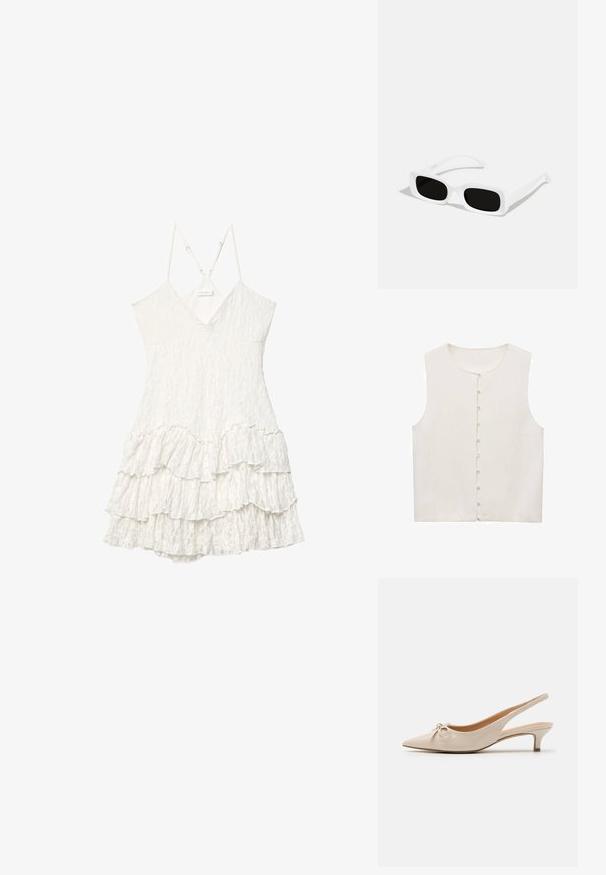 Ärmelloses, creamfarbenes Oberteil mit rundem Halsausschnitt und einer Frontknopfleiste mit kleinen, weißen Knöpfen. Glatte Stofftextur.; Weißes ärmelloses Spitzenkleid mit V-Ausschnitt, verstellbaren dünnen Trägern und gestuftem Rüschensahne-Detail.; Beige Lackleder Slingbacks mit spitzer Zehenform und einer dekorativen Schleife auf dem Blatt. Verfügt über einen niedrigen, schlanken Absatz und eine glatte Textur.; Weiße rechteckige Sonnenbrillen mit schwarzen Gläsern, ausgestattet mit einer matten Oberfläche und glatter Textur. Die Bügel sind schlank und leicht gebogen.; Weiße Lederhandtasche mit gebogener Form, verstellbarem Trageriemen und Reißverschlussverschluss oben. Glatte Textur mit minimalen Hardware-Details.