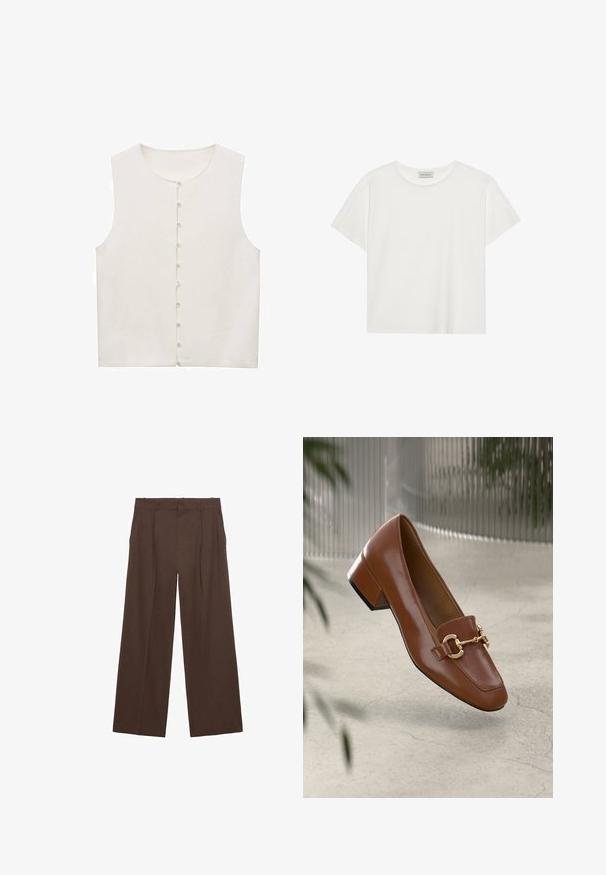 Bezramienkový krémový top s okrúhlym výstrihom a predným zapínaním na gombíky, ktoré sú malé a biele. Hladká textúra látky.; Biele tričko s krátkymi rukávmi vyrobené z jemnej bavlny. Má okrúhly výstrih a voľný strih. Čistý dizajn bez viditeľných vzorov alebo akcentov.; Hnedé široké nohavice vyrobené z hladkej látky, s vysokým pásom, prednými záhybmi a dvoma bočnými vreckami.; Hnedé lakované kožené loafers s hranatou špičkou, kovovým reťazovým akcentom a nízkym blokovým podpätkom; hladká textúra, minimalistický dizajn.