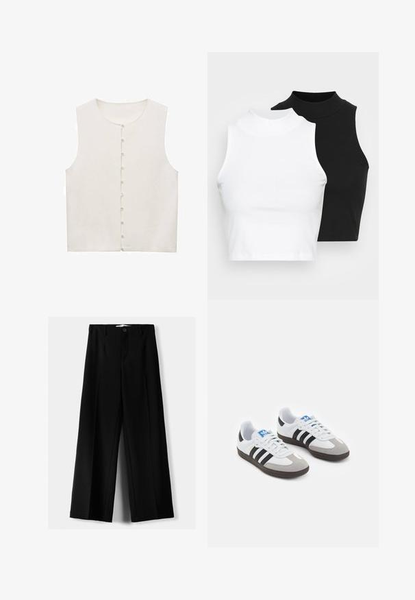 Mouwloze, crème-kleurige top met een ronde halslijn en een voeknoopsluiting met kleine, witte knopen. Glad textiel.; Twee mouwloze ribgebreide coltruien in zwart en wit, met een slim fit ontwerp en een gladde textuur, met een cropped lengte.; Zwarte wijde broek van lichtgewicht stof, met een knoopsluiting aan de voorkant en een vlakke achterkant, afgewerkt met keurig gestikte zoom.; Sportschoenen met een witte leren bovenkant, grijze suède neus en drie zwarte strepen. Bevat een blauw logo op de tong en een gestructureerde rubberen zool.