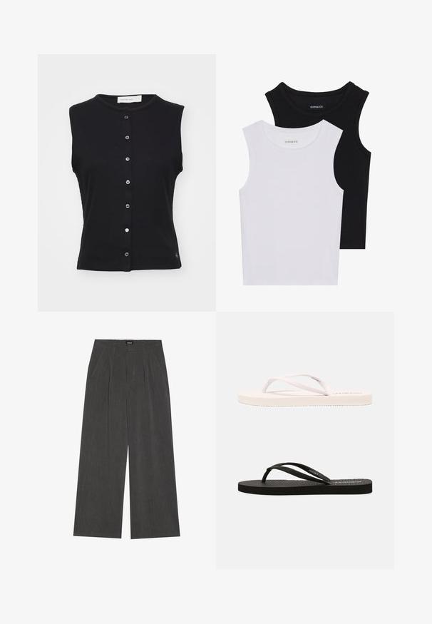 Svart ärmlös topp av ribbad tyg, med rund halsringning och knappslå framtill med fem knappar. Diskret logotypdetalj vid fållen.; Två ärmlösa toppar i svart och vitt, tillverkade av ribbat bomull, med rund halsringning och en figurpassande design. Etiketter synliga på båda.; Breda byxor i mörkgrått tyg, med plisserad framdel, två sidofickor och en slät midja. Slät textur och skräddarsydd design.; Vita och svarta gummitofflor med strukturerade fotbäddar, tunna remmar och kontrasterande färger. Varje par har en enkel design och minimal branding.
