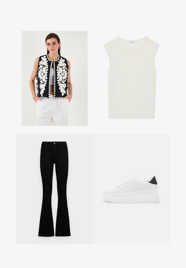 Juodas liemenė su balta gėlių siuvinėjimu ir banguotu kraštu. Be rankovių dizainas, atidarymas priekyje, derinama su baltais kelnėmis.; Balta be rankovių palaidinė su apvaliu kaklu. Pagaminta iš lygios medžiagos, ji turi laisvą siluetą ir minimalistinį dizainą. Be raštų ar akcentų.; Juodos aukšto liemens džinsai su mygtuku ir užtrauktuku, priekinėmis kišenėmis ir platėjančiomis kojomis, išdėstyti ant baltos fono.; Balti platforminiai sportbačiai, pagaminti iš lygios sintetinio audinio, su apvaliu pirštu, raištelių užsegimu ir tekstūruota guma padanga. Juodas kulno akcentas.