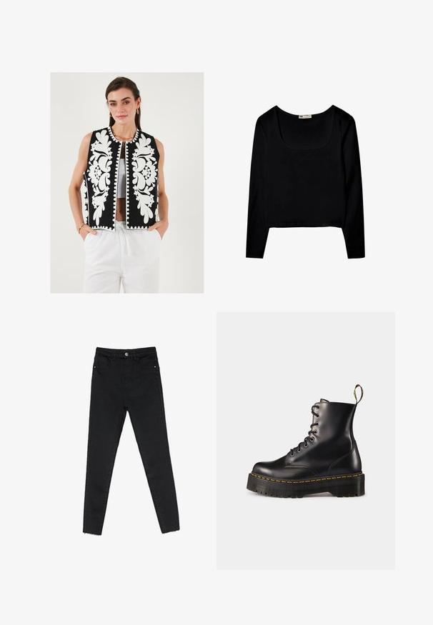 Črna brezrokavnik z belim cvetličnim vezenjem in valovitim robom. Zasnova brez rokavov, odprt spredaj, v kombinaciji z belimi hlačami.; Črna dolga majica s kvadratnim izrezom, izdelana iz gladkega materiala, z odrezanim robom in brez dodatnih vzorcev ali okraskov.; Črne skinny jeans hlače iz denima, z visokim pasom, petimi žepi in surovim robom na gležnjih. Klasično zapiranje z gumbnico in zadrgo.; Črne usnjen lace-up gležnjarje z debelim črnim podplatom in rumenim šivanjem. Imajo zanko na hrbtni strani in okrogle kovinske učke.