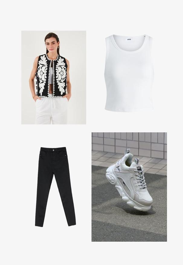 Schwarze Weste mit weißer Blumenstickerei und gewelltem Saum. Ärmelloses Design, mit vorderem Verschluss, kombiniert mit weißen Hosen.; Weißes, geripptes Tanktop mit rundem Halsausschnitt, ärmellosem Design und kurzer Länge. Das Etikett trägt die Aufschrift "JJXX". Glatte Stoffstruktur.; Schwarze enge Jeans aus Denim mit hoher Taille, Fünf-Taschen-Design und rohem Saum an den Knöcheln. Klassischer Knopf- und Reißverschluss.; Weißer Sneaker aus Mesh- und Ledermaterialien, mit rundem Zehenbereich, dicker Sohle, auffälligen Schnürsenkeln sowie Branding an der Ferse und der Zunge.
