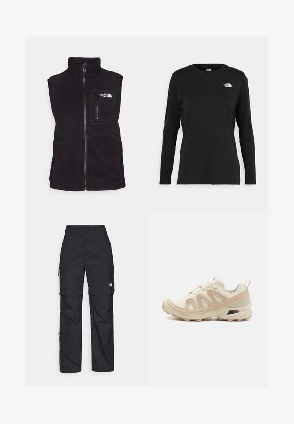 Colete de fleece preto com colarinho alto, fecho na frente, bolsos laterais e um bolso no peito com o logo da North Face. Textura suave, sem mangas.; T-shirt preto de mangas longas, feito de algodão, com decote redondo. Apresenta um pequeno logótipo branco na área esquerda do peito. Design simples e ajuste confortável.; Calças cargo pretas em nylon com fechos de correr removíveis, punhos ajustáveis, múltiplos bolsos e um logótipo na perna direita. Textura suave e leve.; Sapatilha atlética beige e creme com parte superior em malha texturizada, sobreposições de suporte e sola de borracha com um padrão de cravo para tração.