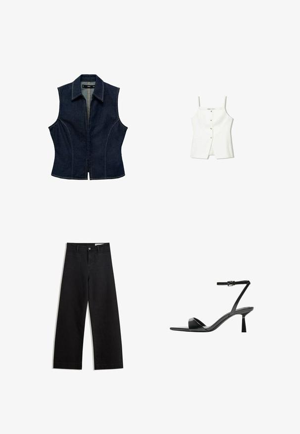 Ärmelloses Denim-Top in Dunkelblau mit spitzem Kragen, Frontreißverschluss, figurbetontem Design und kontrastierenden Nähdetails.; Weißes ärmelloses Oberteil mit Knopfleiste, Seitentaschen und einem figurbetonten Design mit leicht ausgestellt geschnittenem Saum. Glatte Textur, minimale Details.; Schwarze weit geschnittene Jeans mit hoher Taille, ausgestattet mit Vorder- und Hintertaschen, gesteppten Nähten und einem Knopfverschluss. Glatte Textur.; Bershka High Heel Sandalette - black