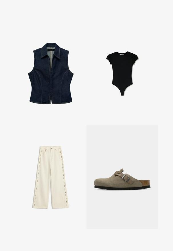 Ärmelloses Denim-Top in Dunkelblau mit spitzem Kragen, Frontreißverschluss, figurbetontem Design und kontrastierenden Nähdetails.; Schwarzer Kurzarm-Body mit rundem Ausschnitt und hochgeschnittenen Beingrößen, aus einem glatten, dehnbaren Stoff gefertigt.; Helle cremefarbene weit geschnittene Jeans mit Metallnieten entlang der äußeren Nähte, fünf Taschen und einem normalen Knopfverschluss.; Wildleder-Clogs in hellolivgrün mit einer geformten Kork- und Gummisohle. Verfügt über einen Seitenriemen mit einer metallischen Schnalle und einer abgerundeten Zehenpartie.