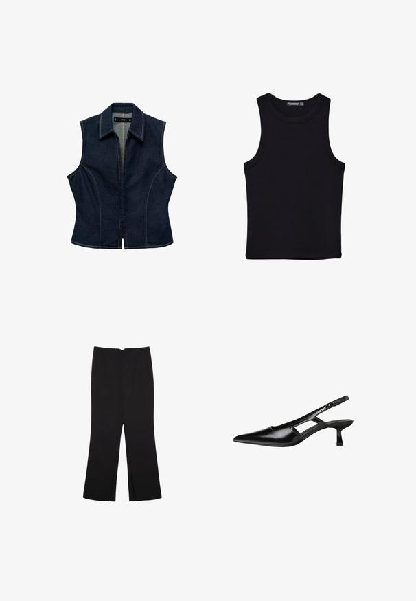 Donkerblauwe denim mouwloze top met een puntige kraag, voorrits, getailleerd ontwerp en contrasterende stikseldetails.; Zwarte tanktop gemaakt van katoen, met een ronde halslijn en brede armopeningen. Gladde textuur met gestikte zomen. Klassiek, minimalistisch ontwerp.; Zwarte broek met een rechte pasvorm, voorzien van zijzakken en plooien aan de onderzijde. Gemaakt van zachte, gladde stof. Geschikt voor verschillende gelegenheden.; Zwarte gepatineerde leren slingback hakken met een puntige neus, uitsparing aan de zijkant en een kleine vierkante hak. Gladde textuur met minimale accenten.