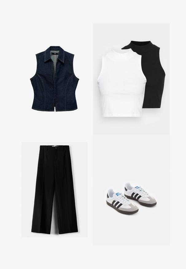 Tamni plavi denim bez rukava, s oštrim ovratnikom, prednjim patentnim zatvaračem, prilagođenim dizajnom i kontrastnim деталима šivanja.; Dvije bezrukavne rebraste majice s visokim ovratnikom u crnoj i bijeloj boji, s prilagođenim dizajnom i glatkom teksturom, te skraćenom dužinom.; Crne široke hlače izrađene od lagane tkanine, s prednjim zatvaranjem na dugme i ravnim prednjim dijelom, sa uredno šivenim rubovima.; Sportske cipele s gornjištem od bijele kože, sivi suedinasti nos i tri crne pruge. Imaju plavi logo na jeziku i teksturiranu gumenu podlogu.