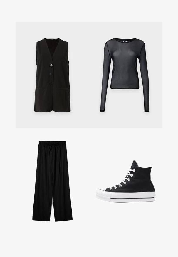Schwarze ärmellose Weste mit V-Ausschnitt-Design, ausgestattet mit vier Knöpfen und zwei Vordertaschen, aus glattem Stoff gefertigt.; Schwarzes Langarm-Oberteil aus transparentem Material, mit Rundhalsausschnitt und schmaler Passform, versehen mit feinen Säumen.; Schwarze weite Hose aus leichtem Material mit einem elastischen Bund und einem Kordelzug für eine verstellbare Passform. Glatte Textur.; Schwarze High-Top-Canvas-Sneaker mit weißen Ösen, Schnürsenkeln und Gummisohle. Verfügt über eine strukturierte Zehenkappe und schwarz-weiße Streifenakzente.