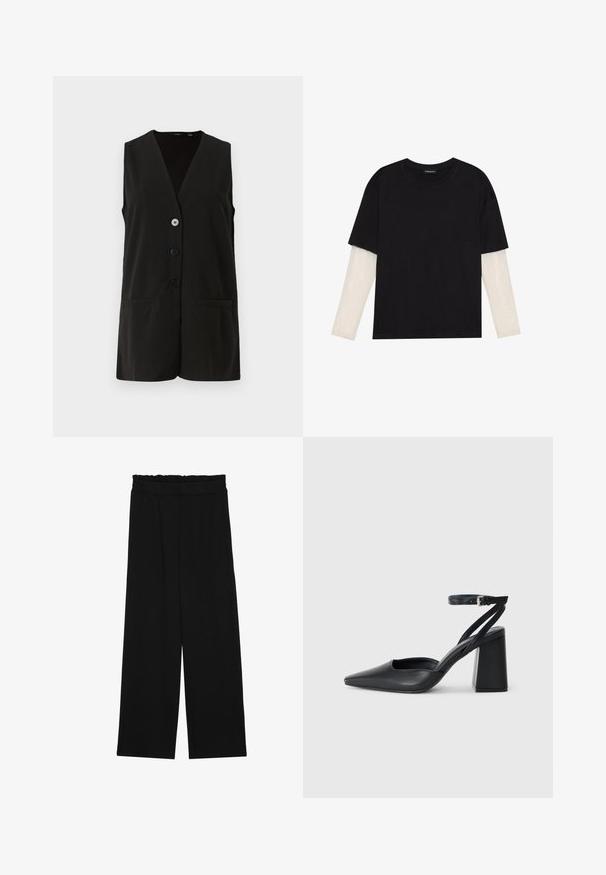 Black sleeveless vest with a V-neck design, featuring four buttons and two front pockets, made from smooth fabric.; Black T-shirt made of cotton, featuring short sleeves over a white long-sleeve layer with a subtle textured pattern. Crew neckline design.; Black wide-leg trousers with a ruffled waistband, featuring two side pockets and a smooth, lightweight fabric. No visible patterns or hardware.; Black leather pointy-toe pump with an ankle strap and a chunky heel. Flat texture, sleek design, and minimalistic aesthetics.