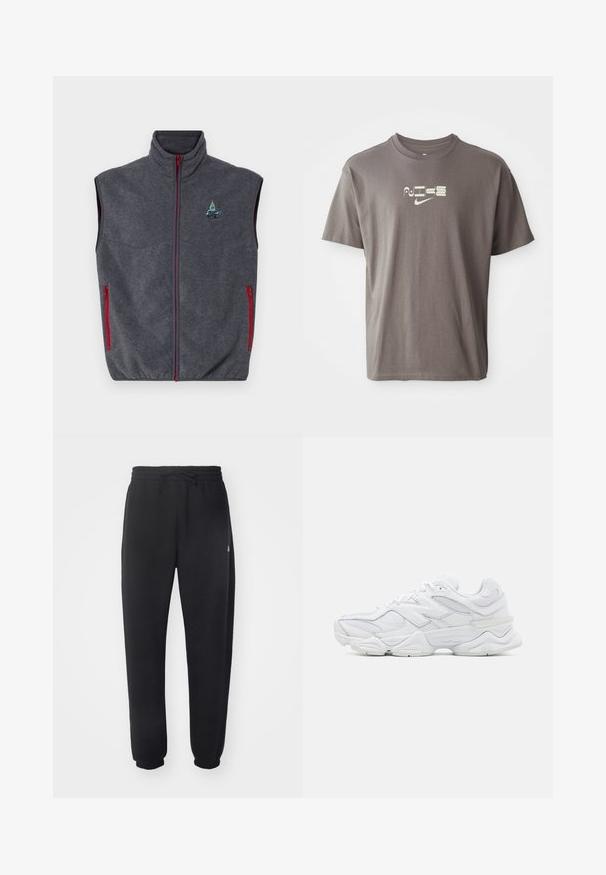 Siv fleecasti z vlaščenim ovratnikom, rdečimi zadrgami in stranskimi žepi. Ima vezenino na zgornji levi strani.; Rjava kratkotrajna majica s kratkimi rokavi z jasno barvo logotipa "Nike" natisnjenim spredaj, ki se ponaša s sproščenim in udobnim krojem.; Črne trenirke iz mehkega materiala z elastičnim pasom, vrvico in zoženimi manšetami, ki vsebujejo subtilen logotip na strani.; Bele športne tenisice z zgornjim delom iz mrežaste in usnjene tkanine, okrožnim prstom, plastno zasnovo in oblazinjenim podplatom za udobje.
