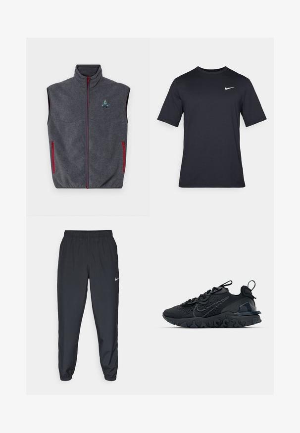 Siv fleecasti z vlaščenim ovratnikom, rdečimi zadrgami in stranskimi žepi. Ima vezenino na zgornji levi strani.; Črna kratkotrajna majica Nike iz gladkega materiala, z belim logotipom Swoosh na zgornji levi strani, okrogel izrez.; Črne trenirke iz lahkega materiala z elastičnim pasom, manšetami na gležnjih in diskretnim logotipom Nike na levi strani.; Črne športne čevlje z zračno mrežno zgornjim delom, strukturiranimi dodatki in valovitim gumijastim podplatom. Imajo odsevni logo in sistem vezalk.