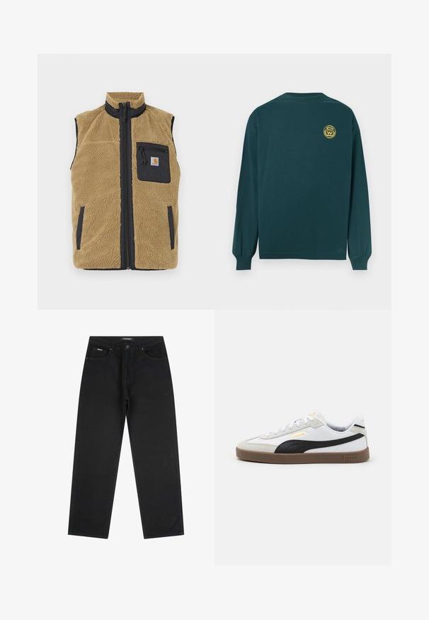 Tan fleece vest with a high collar, contrasting navy side panels, front zipper, and a left chest pocket with a zipper.; Long-sleeve shirt in dark green cotton with a round neckline, featuring a yellow emblem on the upper back. Simple, relaxed fit.; Black straight-leg jeans with front button and zipper, belt loops, and five-pocket design, laid flat on a white background.; White leather sneaker with black suede accent, round toe, flat brown rubber sole, and embossed gold logo on the side. Laces and padded collar.