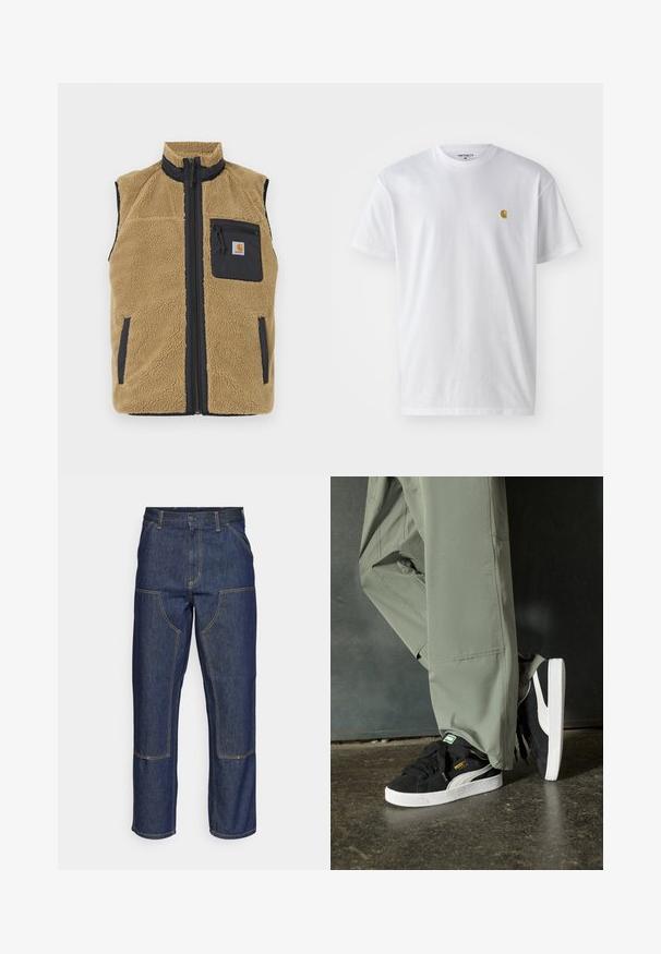 Barna gyapjú mellény magas gallérral, kontrasztos sötétkék oldalsó panelek, elülső cipzárral és bal mellen cipzáros zsebbel.; Fehér pamut póló rövid ujjakkal, kerek nyakkal, bal mellel egy kis arany logóval. Puha tapintású és normál fazonú.; Sötétkék farmernadrág, magas derekú, egyenes szárú dizájnnal, kontrasztos varrással és elülső zsebekkel.; Fekete velúr sportcipők fehér gumitalppal és oldalsávokkal, világos zöld cargo nadrággal párosítva, egy textúrált sötét felületen állva.
