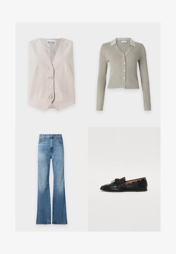 Bežinis be rankovių liemenė su vertikaliomis juostelėmis, v-kaklo iškirpte, penkių mygtukų uždarymu ir šoninėmis kišenėmis. Pagaminta iš tekstūruoto audinio.; Šviesiai pilkas, raukšlėtas megztinis su apykakle, ilgomis rankovėmis ir penkių mygtukų uždarymu priekyje; tekstūruota medžiaga su vertikaliomis juostelėmis.; Replay BECKA PANTS - Laisvo kirpimo džinsai - medium blue; Juodi odiniai loafai su surišta mazgeliu, su auksinėmis akytėmis šoninėse dalyse ir plokščiu guminiu padu. Lygus paviršius, klasikinis dizainas.