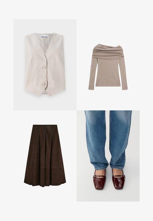 Beige ärmellose Weste mit vertikalen Streifen, V-Ausschnitt, fünf Knopfverschluss und Seitentaschen. Hergestellt aus strukturiertem Stoff.; Langärmliges, schulterfreies Oberteil in einem hellen Taupe-Ton. Hergestellt aus weichem Stoff mit einem drapierten Ausschnitt und figurbetonten Ärmeln.; Braune Wildledermidi mit einem ausgestellten Design und vertikalen Nahtdetails, die eine glatte Textur und einen breiten Saum aufweist.; Burgunderfarbene Lacklederschuhe mit quadratischer Zehenform und Knöchelriemen, kombiniert mit hellblauen, locker sitzenden Jeans. Die Schuhe haben eine glänzende Oberfläche.