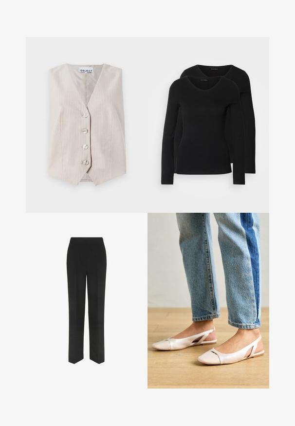 Gilet sans maniche beige con righe verticali, scollatura a V, chiusura con cinque bottoni e tasche laterali. Realizzato in tessuto testurizzato.; Due camicie a maniche lunghe nere con design a V, realizzate in tessuto morbido e elasticizzato, che mostrano una superficie liscia e una forma aderente.; Pantaloni neri con design a gamba dritta, caratterizzati da una semplice vita e senza tasche visibili, esposti su uno sfondo bianco.; Ballerine slingback rosa pallido con punta affusolata, realizzate in un materiale simile alla pelle liscio. Presentano dettagli a taglio sui lati e un tacco piatto.