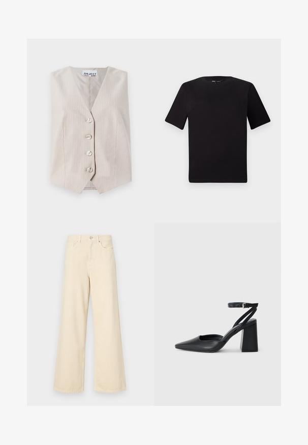 Beige sleeveless vest with vertical stripes, v-neckline, five button closure, and side pockets. Made from textured fabric.; Black short-sleeve t-shirt with a round neckline, crafted from soft cotton fabric. Simple design, no visible logos or patterns.; Beige wide-leg jeans made of cotton. Features a button closure, belt loops, and front pockets with a smooth, soft texture.; Black leather pointy-toe pump with an ankle strap and a chunky heel. Flat texture, sleek design, and minimalistic aesthetics.