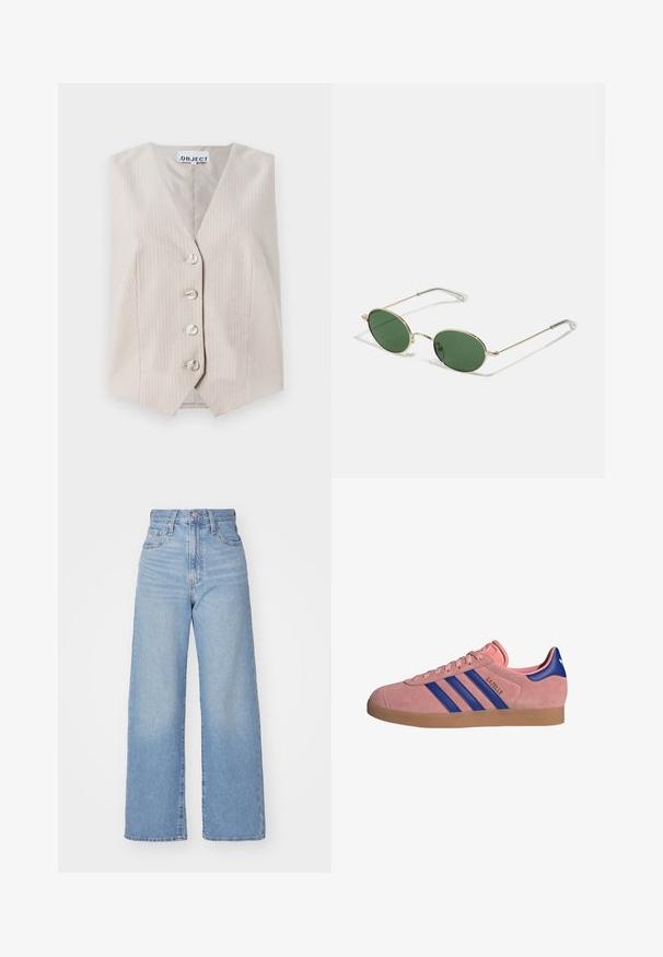 Chaleco sin mangas beige con rayas verticales, escote en forma de pico, cierre de cinco botones y bolsillos laterales. Fabricado con tela texturizada.; Top sin mangas de color rosa con escote en V, que presenta detalles fruncidos y un estampado floral. Pequeñas flores rojas están esparcidas sobre un fondo de lunares.; Jeans de tiro alto y pernera ancha en azul claro, con cierre frontal de botón y cremallera, y bolsillos delantero y trasero, sobre un fondo blanco.; Zapatilla de ante rosa con detalles en cuero azul, tres rayas azules y suela de goma. Diseñada con una puntera redonda y cierre de cordones.; Gafas de sol con montura dorada, lentes ovalados verdes y brazos de metal delgados. Presentan puntas de plástico transparente en los brazos para mayor comodidad.; Bolso tote de cuero trenzado marrón con dos asas, de forma estructurada y superficie texturizada, con un patrón de diamantes en todo su diseño.
