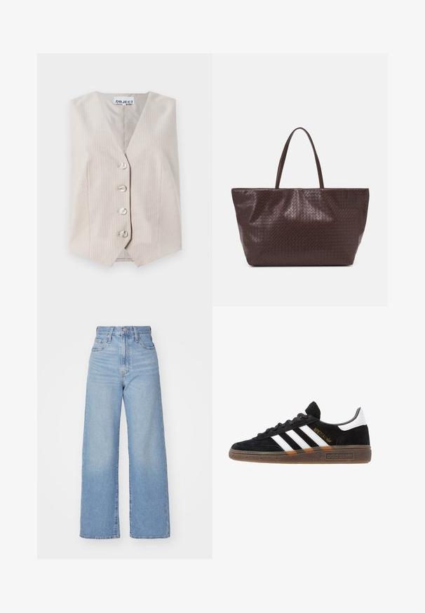 Beige mouwloos vest met verticale strepen, v-hals, sluiting met vijf knopen en zijzakken. Gemaakt van een gestructureerde stof.; Roze mouwloos topje met een V-hals, voorzien van gerimpelde details en een bloemenprint. Kleine rode bloemen zijn verspreid over een stippenachtergrond.; Lichtblauwe high-waist wijde jeans met een knoop- en ritssluiting aan de voorkant, voor- en achterzakken, op een witte achtergrond.; Zwarte Adidas sneaker met witte strepen, gouden "Spezial" tekst, gumzool en witte hieltab, weergegeven in zijaanzicht.; Bruine gevlochten leren tote bag met twee handvatten, een gestructureerde vorm en een getextureerd oppervlak, met een diamantpatroon overal.