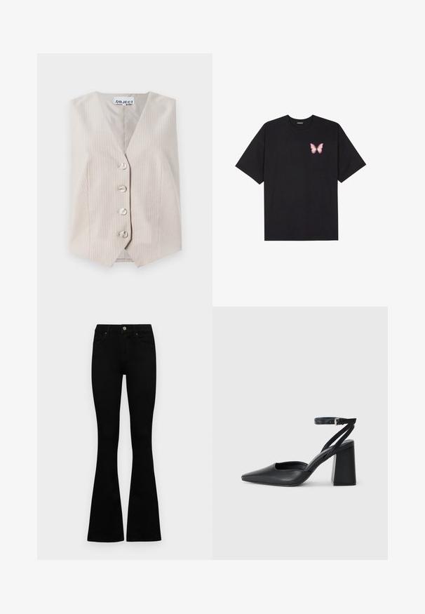 Beige ermeløs vest med vertikale striper, v-hals, fem knapper foran og sidelommer. Laget av teksturert stoff.; Svart bomulls T-skjorte med korte ermer, med en liten rosa sommerfugl grafikk på venstre bryst. Crew-neck design med en avslappet passform.; Sorte høytlivsjeans med knapp og glidelås, frontlommer og utsvingte bein liggende flatt på en hvit bakgrunn.; Svart lær pumps med spiss tå, ankelrem og kraftig hæl. Flat tekstur, strømlinjeformet design og minimalisme.