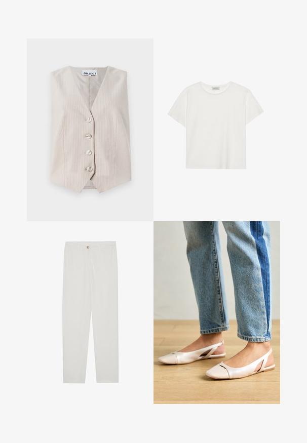 Gilet sans maniche beige con righe verticali, scollatura a V, chiusura con cinque bottoni e tasche laterali. Realizzato in tessuto testurizzato.; T-shirt bianco a maniche corte realizzato in morbido cotone. Presenta un collo rotondo e una vestibilità comoda. Design pulito senza modelli o dettagli visibili.; Pantaloni bianchi su misura con design a gamba dritta, dotati di chiusura a bottone, passanti per cintura e tasche laterali; tessuto morbido.; Ballerine slingback rosa pallido con punta affusolata, realizzate in un materiale simile alla pelle liscio. Presentano dettagli a taglio sui lati e un tacco piatto.