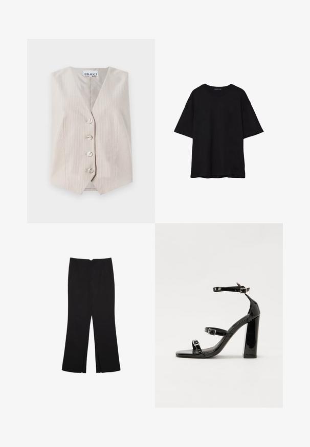 Beige ilmanhihaista liiviä, jossa on pystysuorat raidat, V-mallinen kaula-aukko, viiden napin kiinnitys ja sivutaskut. Valmistettu teksturoidusta kankaasta.; Musta puuvillainen t-paita, jossa on rento leikkaus, lyhyet hihat, pyöreä pääntie ja sileä rakenne. Ei näkyviä kuvioita tai yksityiskohtia.; Mustat housut suoralinjaisella leikkauksella, joissa on etutaskut ja sivurei'ät helman alla. Valmistettu pehmeästä ja sileästä kankaasta. Sopii eri tilaisuuksiin.; Musta kiiltävä korkokenkä sandaalit neliönmuotoisella varpaalla, nilkkaremmillä ja hopeisilla soljilla. Varustettu tukevalla lohkokorkealla vakauden takaamiseksi.