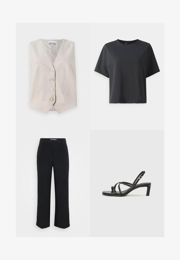 Gilet sans maniche beige con righe verticali, scollatura a V, chiusura con cinque bottoni e tasche laterali. Realizzato in tessuto testurizzato.; T-shirt di cotone nero, maniche corte, collo a giro, vestibilità comoda, texture liscia, design semplice, senza motivi o dettagli.; Pantaloni neri a gamba larga con una texture liscia, dotati di una vita piatta e tasche laterali, progettati con un'estetica minimalista.; Sandalo nero con cinturini, dalla punta squadrata e tacco basso a blocco. Presenta diversi cinturini sottili e una cinturini regolabile alla caviglia. Realizzato in pelle liscia.