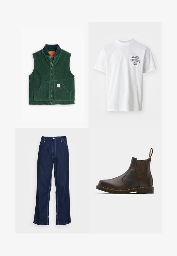 Levi's® Workwear SANSOME - Brezrokavnik - python green; Bela bomba iz bombaža s kratkimi rokavi, okroglo ovratnico in grafičnim tiskom, ki prikazuje besedilo "Carhartt WIP" ter ilustracijo hrane na prsih.; Temno modri jeans hlače širokih nogavic, z visokim pasom, sprednjimi žepi in kontrastnim belim šivom ob šivih.; Rjava usnjena Chelsea čevlja z elastičnimi stranskimi ploščami, teksturiranim peti in kontrastnim rumenim šivom. Ima zanko za enostavno obuvanje.