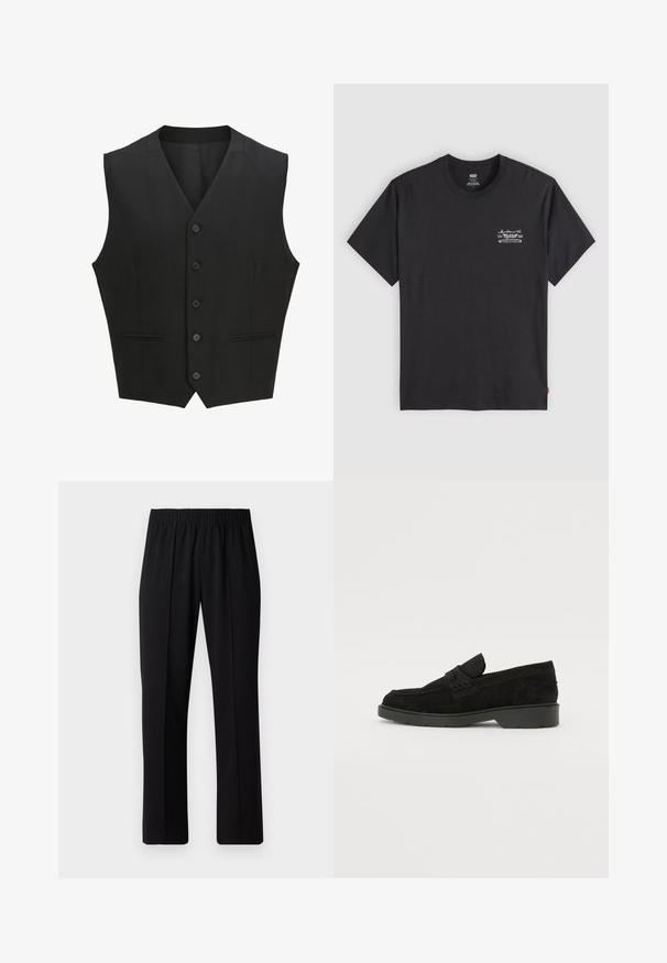 Czarna kamizelka bez rękawów z klapami w kształcie notcha, na sześć guzików, z dwiema przednimi kieszeniami. Gładki materiał o dopasowanym kroju.; Czarny bawełniany T-shirt z krótkim rękawem i okrągłym dekoltem. Posiada mały biały nadruk graficzny na lewej piersi. Gładka faktura.; Czarne spodnie z elastycznym pasem o prostym kroju, z gładką strukturą i bez widocznych wzorów czy elementów metalowych.; Czarne zamszowe mokasyny z niskim obcasem, z prostą taśmą na górze i teksturowanymi detalami po bokach.
