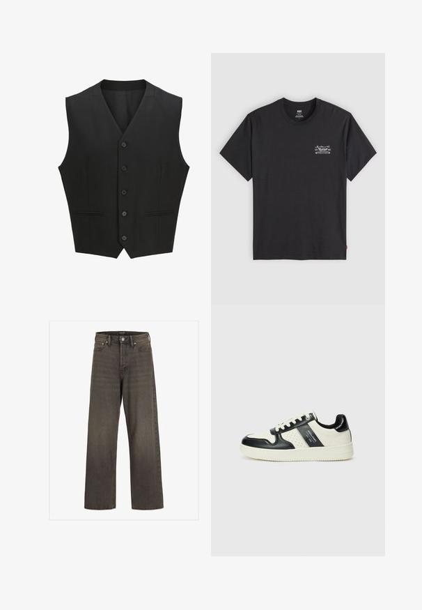 Schwarze ärmellose Weste mit Reverskragen, sechs Knopfverschluss und zwei frontalen Taschen. Glattes Material mit taillierter Passform.; Schwarzes Baumwoll-T-Shirt mit kurzen Ärmeln und Rundhalsausschnitt. Mit einem kleinen weißen Grafikdruck auf der linken Brust. Glatte Textur.; Weite Jeans aus dunkelgrauem Denim mit hoher Taille, klassischem Fünf-Taschen-Design und kontrastierendem Stepp entlang der Nähte.; Leder-Sneaker in Schwarz- und Cremetönen, mit perforierten Akzenten, einem gepolsterten Kragen und einer strukturierten Laufsohle.